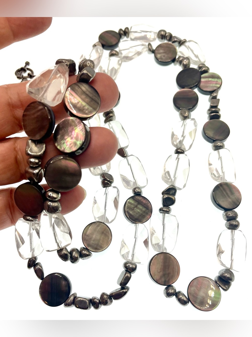 Vintage 1990s Artisan Abalone Glass & Hematite Long Beaded Necklace